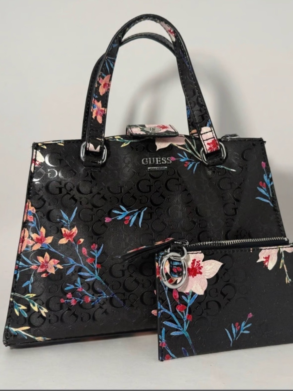 GUESS Black Floral Satchel Bag with Matching Pouch